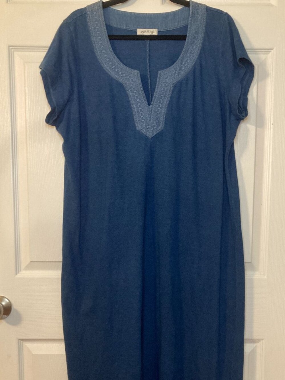Orvis Women's Denim Blue Short Sleeve Maxi Dress - 100% Cotton - Size XL